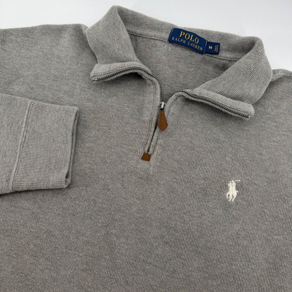 Polo Ralph Lauren Quarter Zip Mens Size M Gray Cotton Pullover Sweater Logo